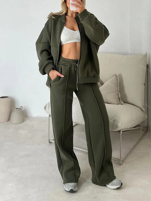 Solid Color Zipper Sweatshirt Jacket Trousers Set