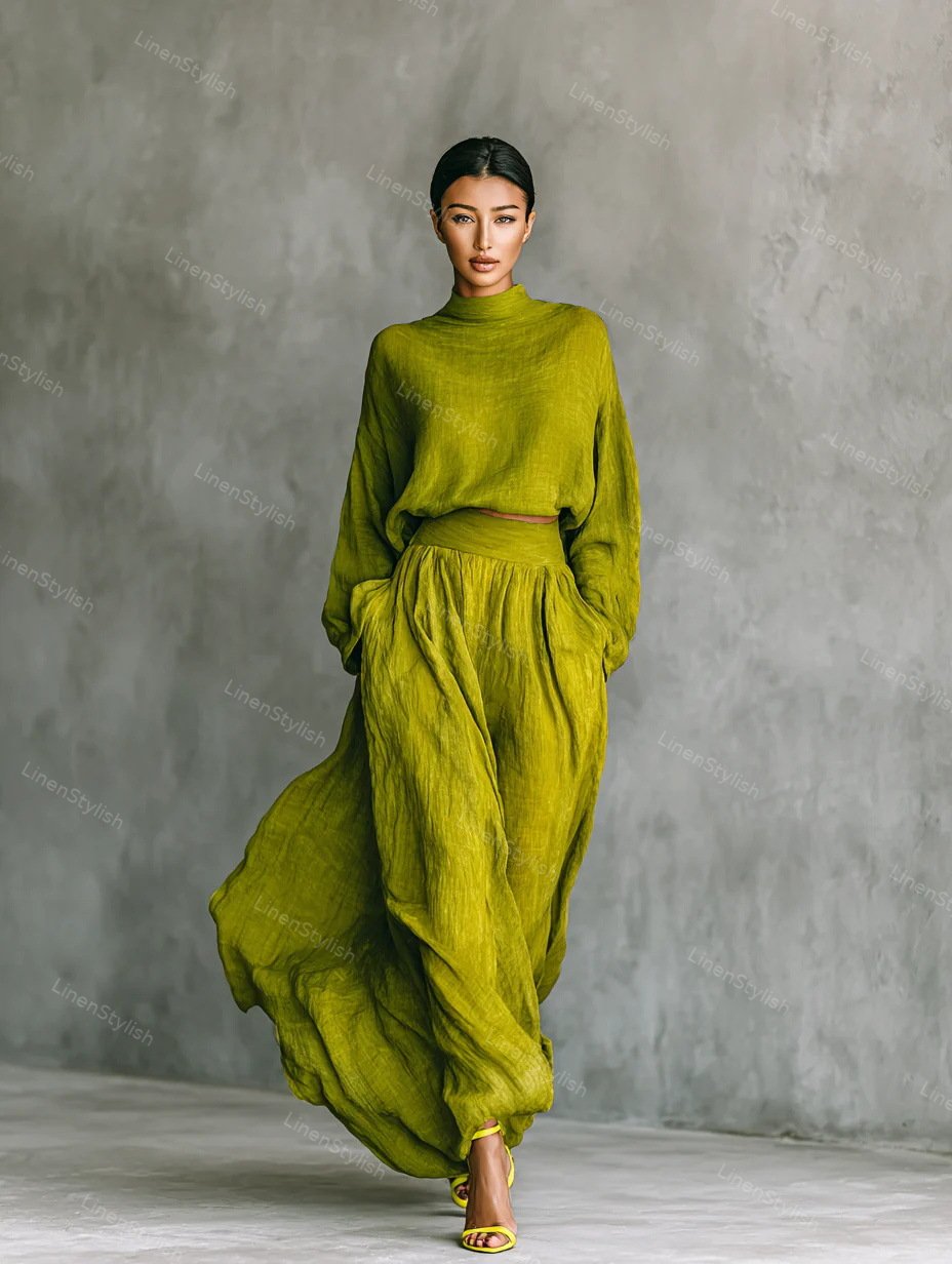 Fashion Cotton And Linen High Collar Top & Skirt Two-Piece Set