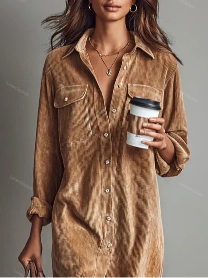 Solid Corduroy Lapel Dress