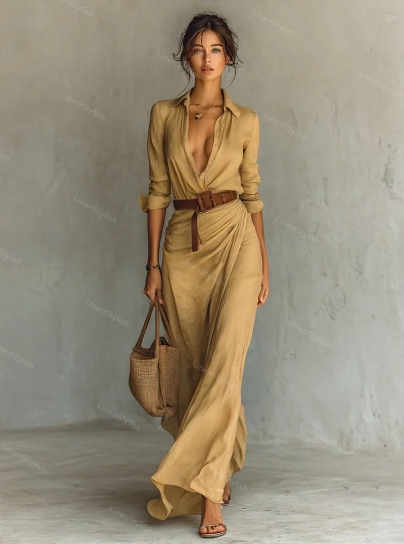 Elegant Solid Color Irregular Pleated Dress (belt Included)