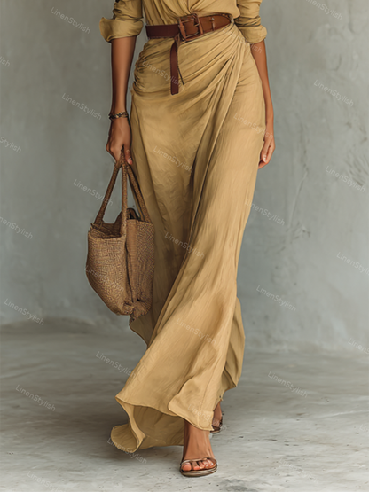 Elegant Solid Color Irregular Pleated Dress (belt Included)