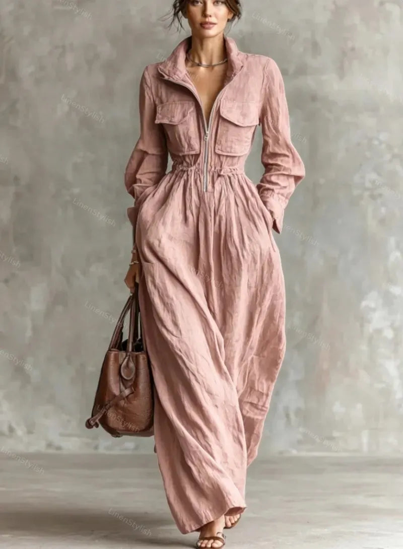 Fashion Lapel Elastic Waist Long Dress