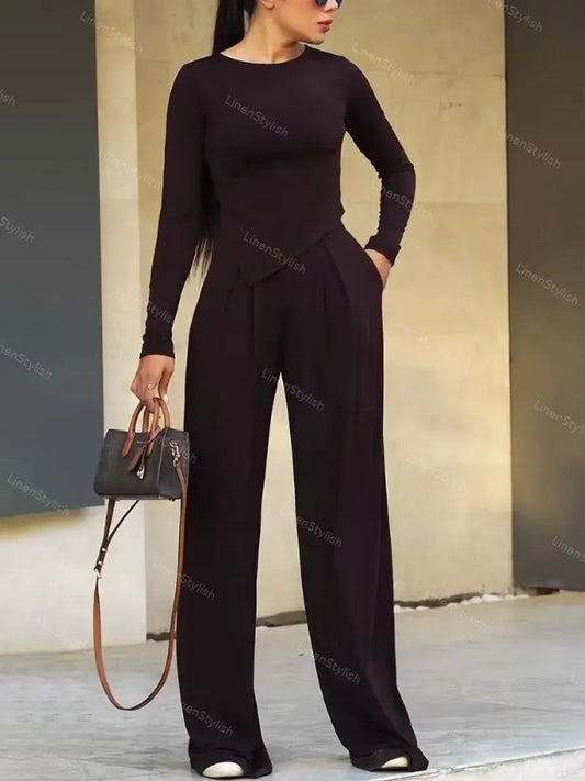 Casual Solid Color Irregular Top & Pants Two-Piece Set