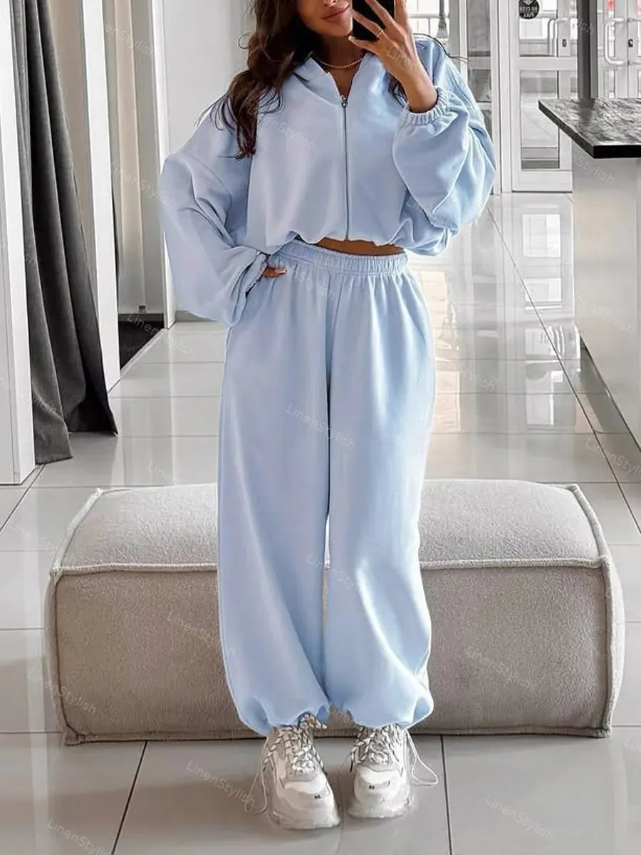 Solid Color Long-Sleeve Zip Hooded Cardigan & Two-Piece Wide-Leg Pants Set
