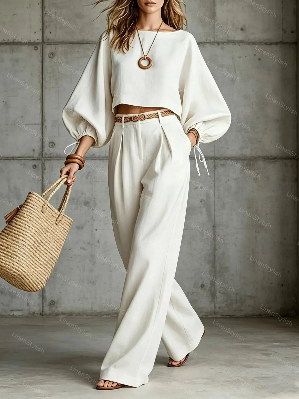 Casual Bubble Sleeve Short Top & Trousers Two-Piece Set (Belt Not Included)