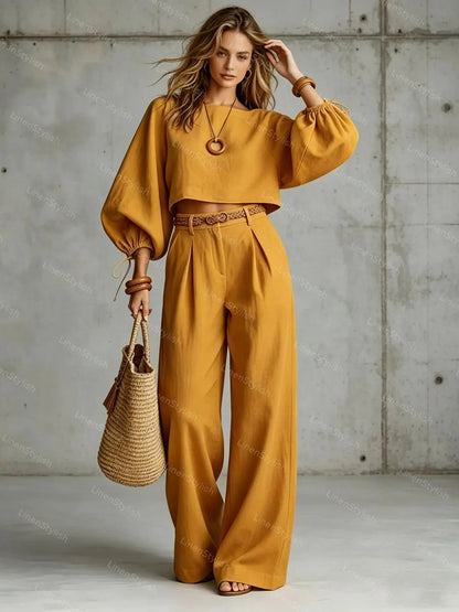 Casual Bubble Sleeve Short Top & Trousers Two-Piece Set (Belt Not Included)