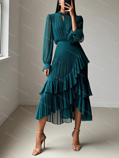 Solid Ruffle Pleated Elegant Dress