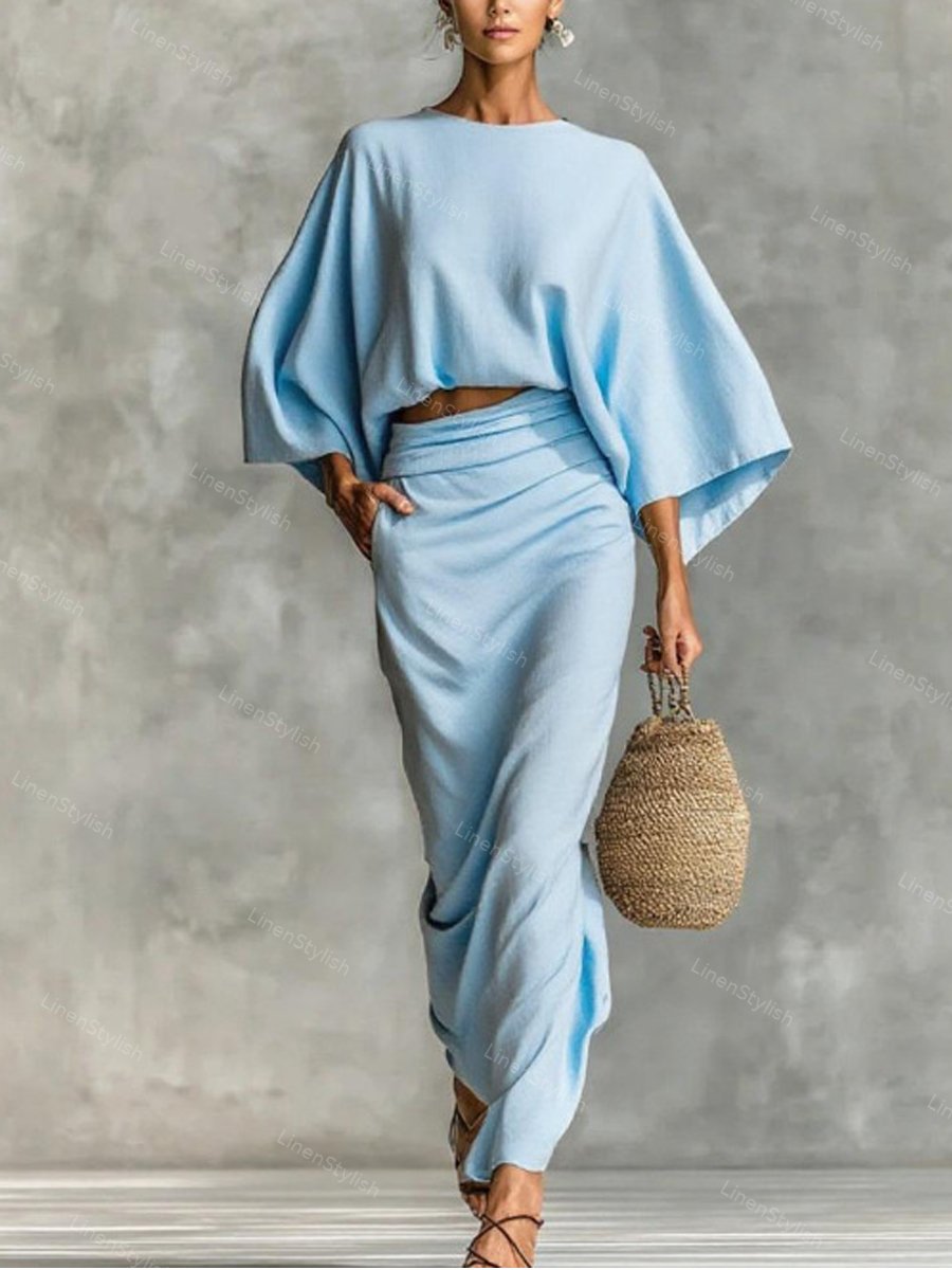 Commuter Round Neck Long Sleeve Loose Top & Overskirt Two-Piece Set