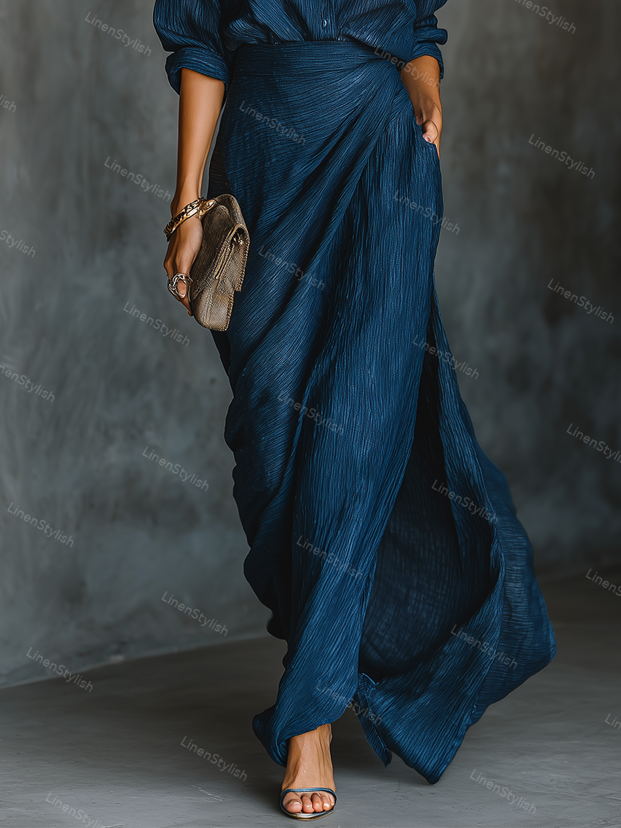 Elegant Solid Color Ripple Top & Skirt Two-Piece Set (Belt Included)