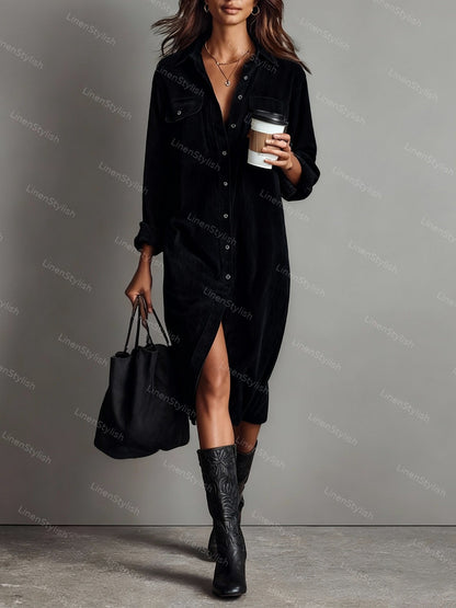 Solid Corduroy Lapel Dress