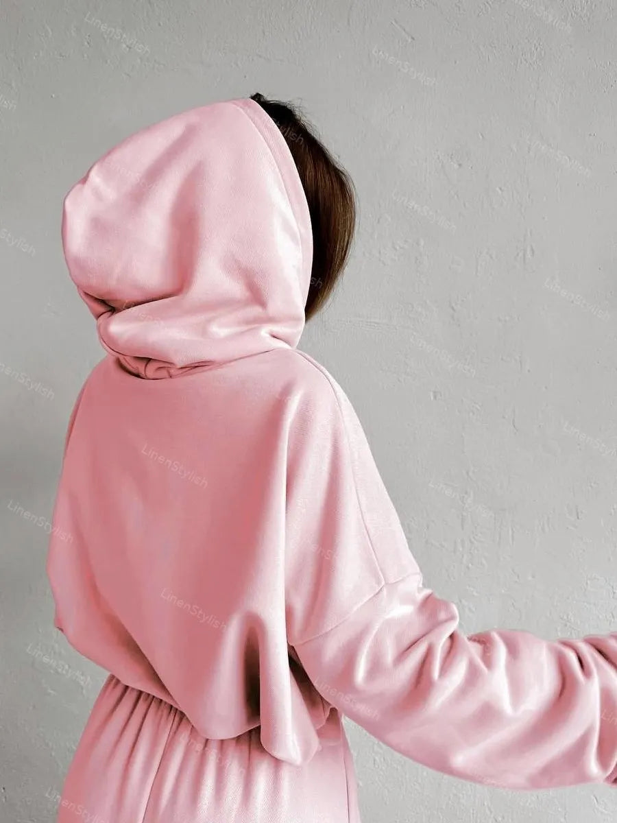Solid Color Long-Sleeve Zip Hooded Cardigan & Two-Piece Wide-Leg Pants Set