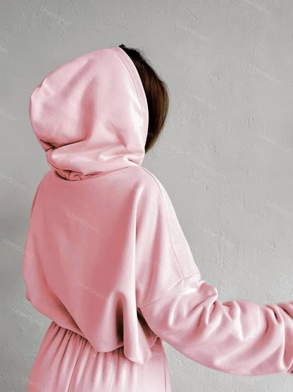 Solid Color Long-Sleeve Zip Hooded Cardigan & Two-Piece Wide-Leg Pants Set