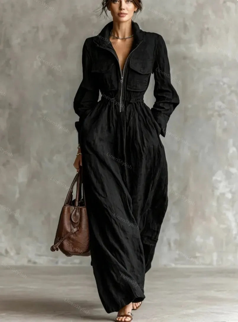 Fashion Lapel Elastic Waist Long Dress