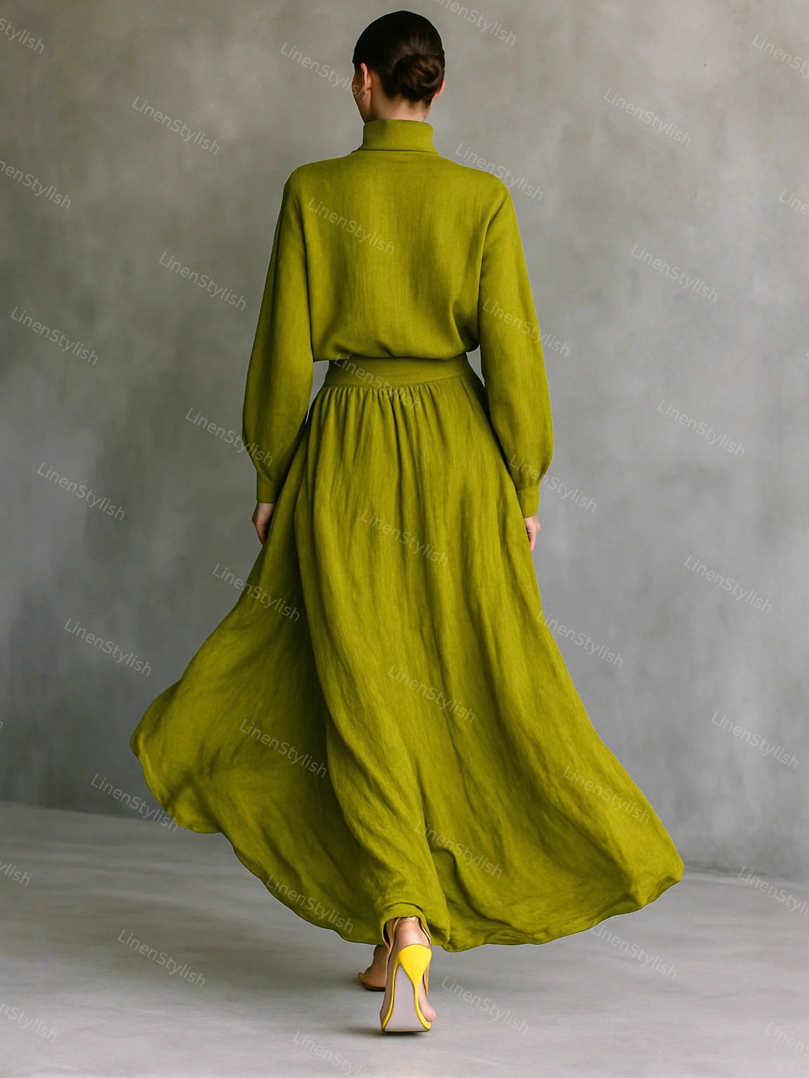 Fashion Cotton And Linen High Collar Top & Skirt Two-Piece Set