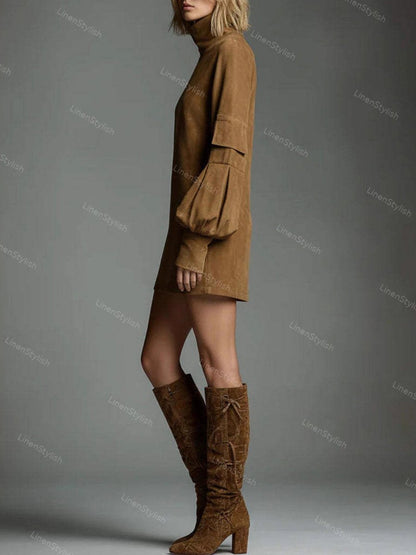 Mini High Neck Long Sleeve Pocket Dress