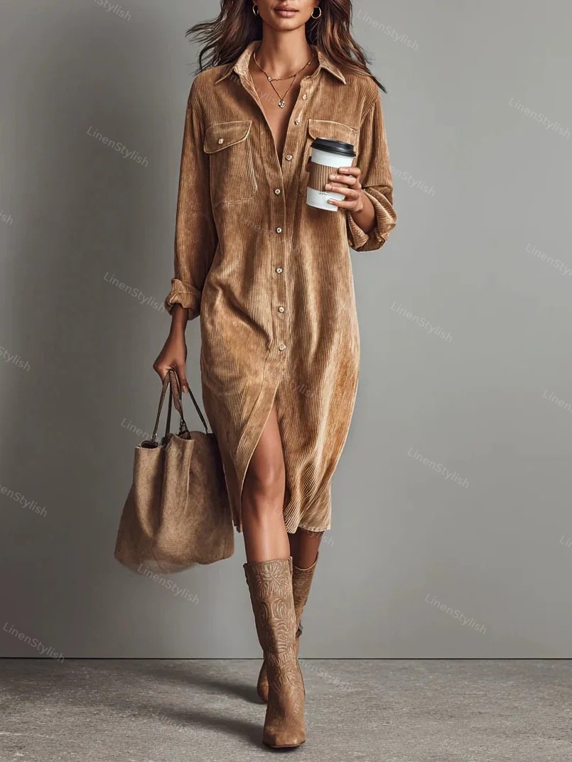 Solid Corduroy Lapel Dress