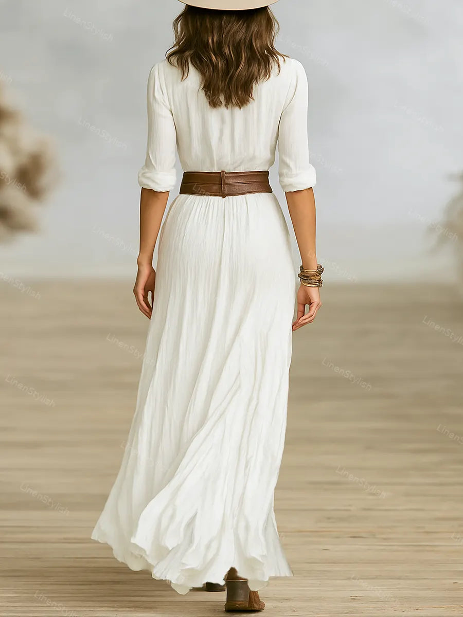 Fashion Pleated Lapel Single-breasted Long Sleeve Dress