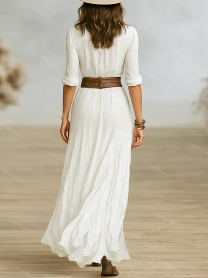Fashion Pleated Lapel Single-breasted Long Sleeve Dress