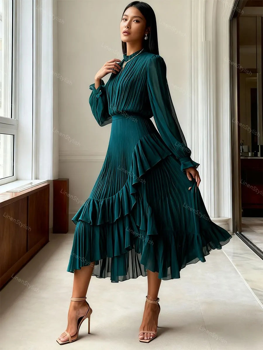 Solid Ruffle Pleated Elegant Dress
