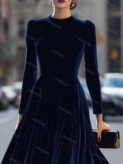Elegant Velvet Long Sleeve A- Line Dress