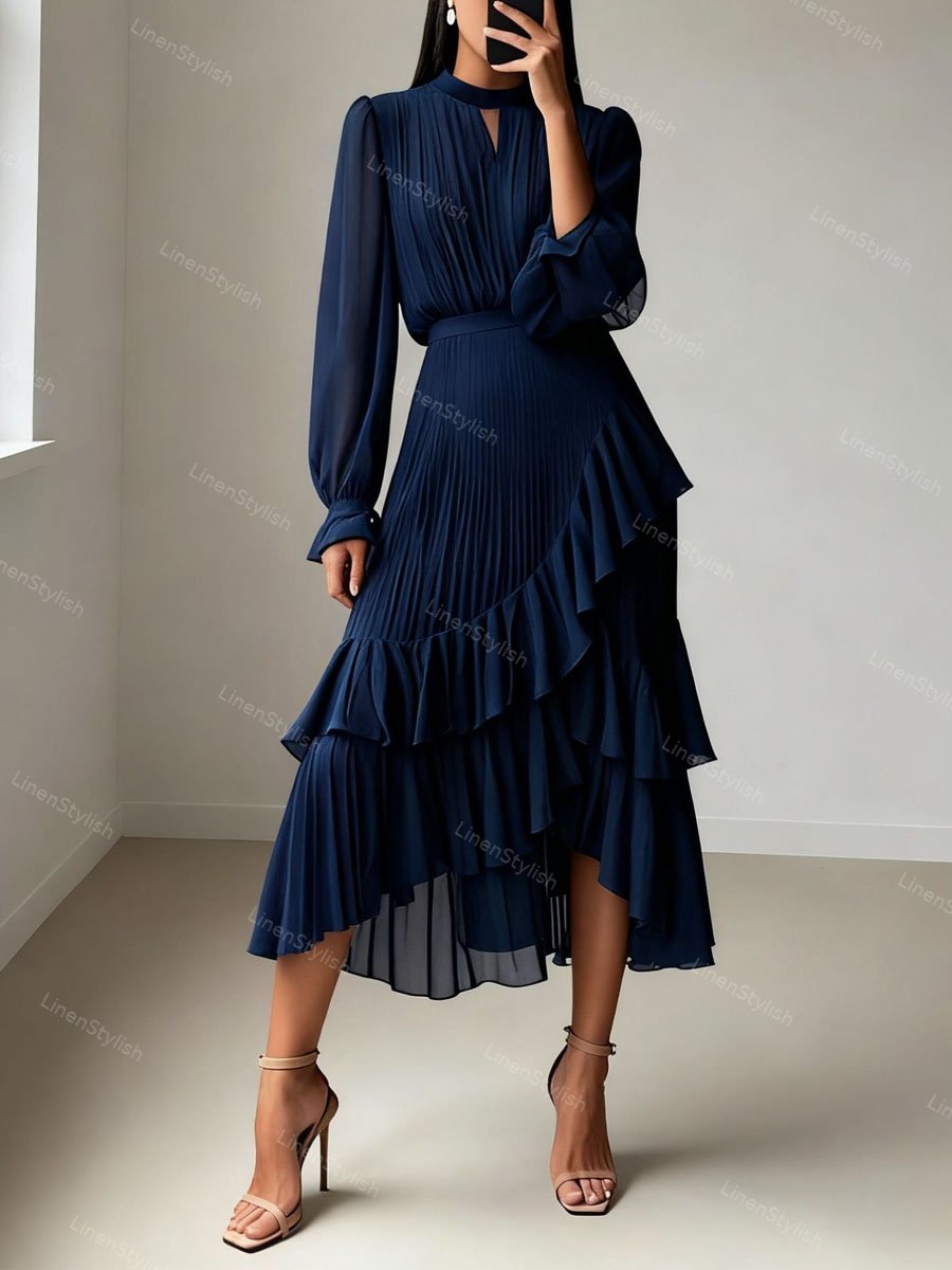 Solid Ruffle Pleated Elegant Dress