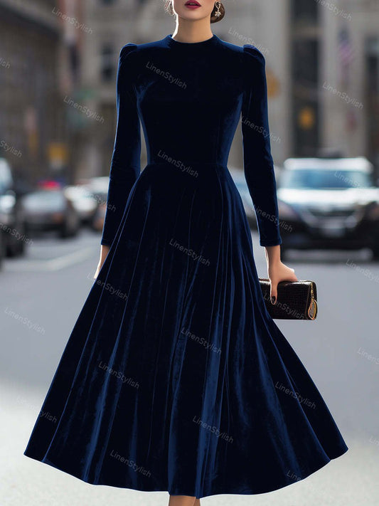 Elegant Velvet Long Sleeve A- Line Dress