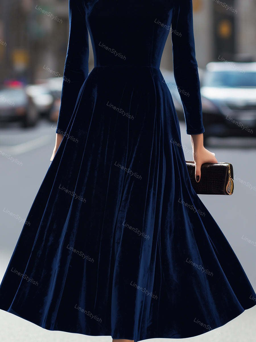 Elegant Velvet Long Sleeve A- Line Dress