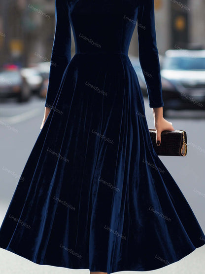 Elegant Velvet Long Sleeve A- Line Dress