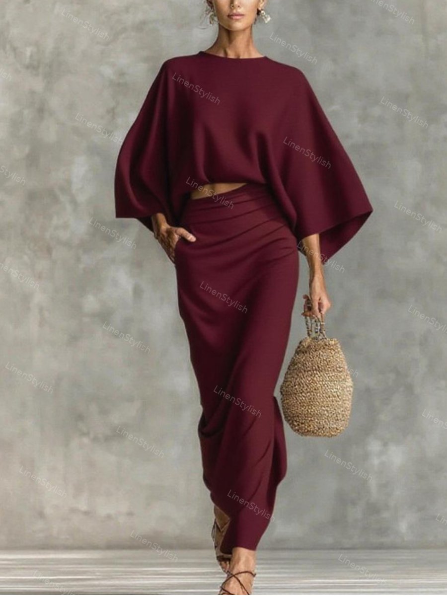 Commuter Round Neck Long Sleeve Loose Top & Overskirt Two-Piece Set