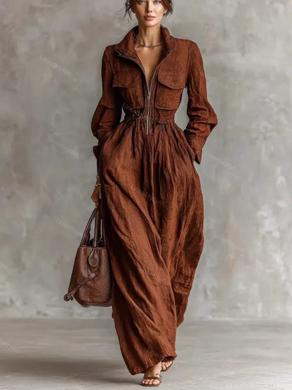 Fashion Lapel Elastic Waist Long Dress