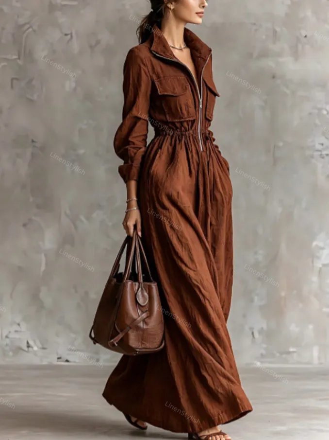 Fashion Lapel Elastic Waist Long Dress