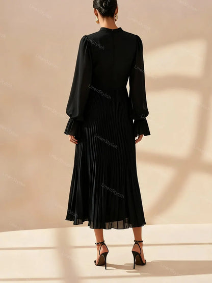 Solid Ruffle Pleated Elegant Dress