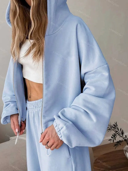 Solid Color Long-Sleeve Zip Hooded Cardigan & Two-Piece Wide-Leg Pants Set