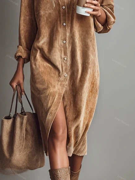 Solid Corduroy Lapel Dress