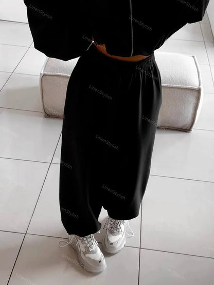 Solid Color Long-Sleeve Zip Hooded Cardigan & Two-Piece Wide-Leg Pants Set