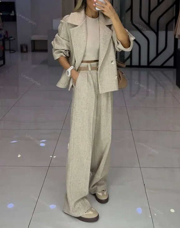 Fashion Lapel Jacket & Pants Two-Piece Set (Without Belt)