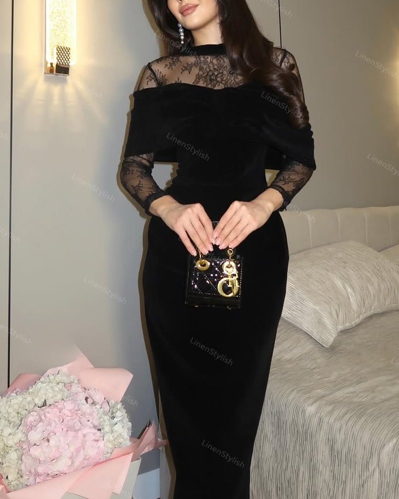 Elegant Velvet Lace-stitched Dress