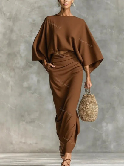 Commuter Round Neck Long Sleeve Loose Top & Overskirt Two-Piece Set