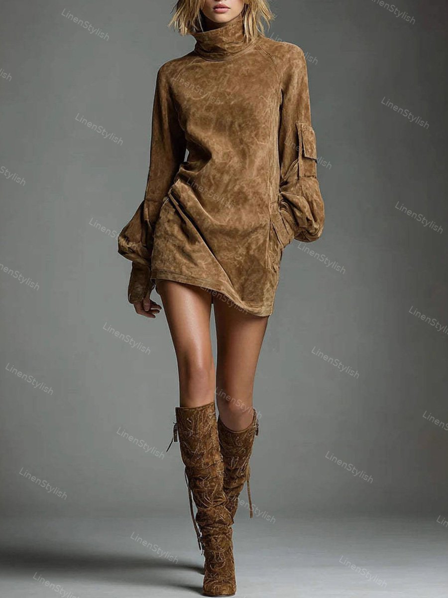Mini High Neck Long Sleeve Pocket Dress