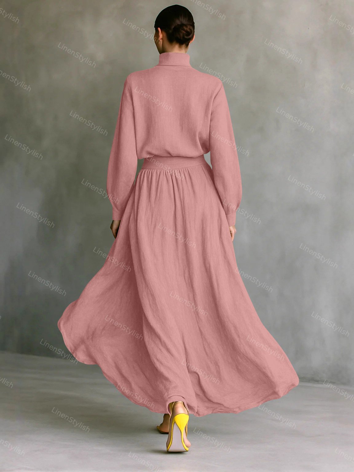 Fashion Cotton And Linen High Collar Top & Skirt Two-Piece Set