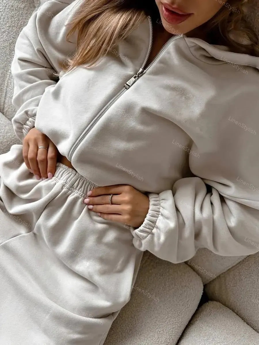 Solid Color Long-Sleeve Zip Hooded Cardigan & Two-Piece Wide-Leg Pants Set