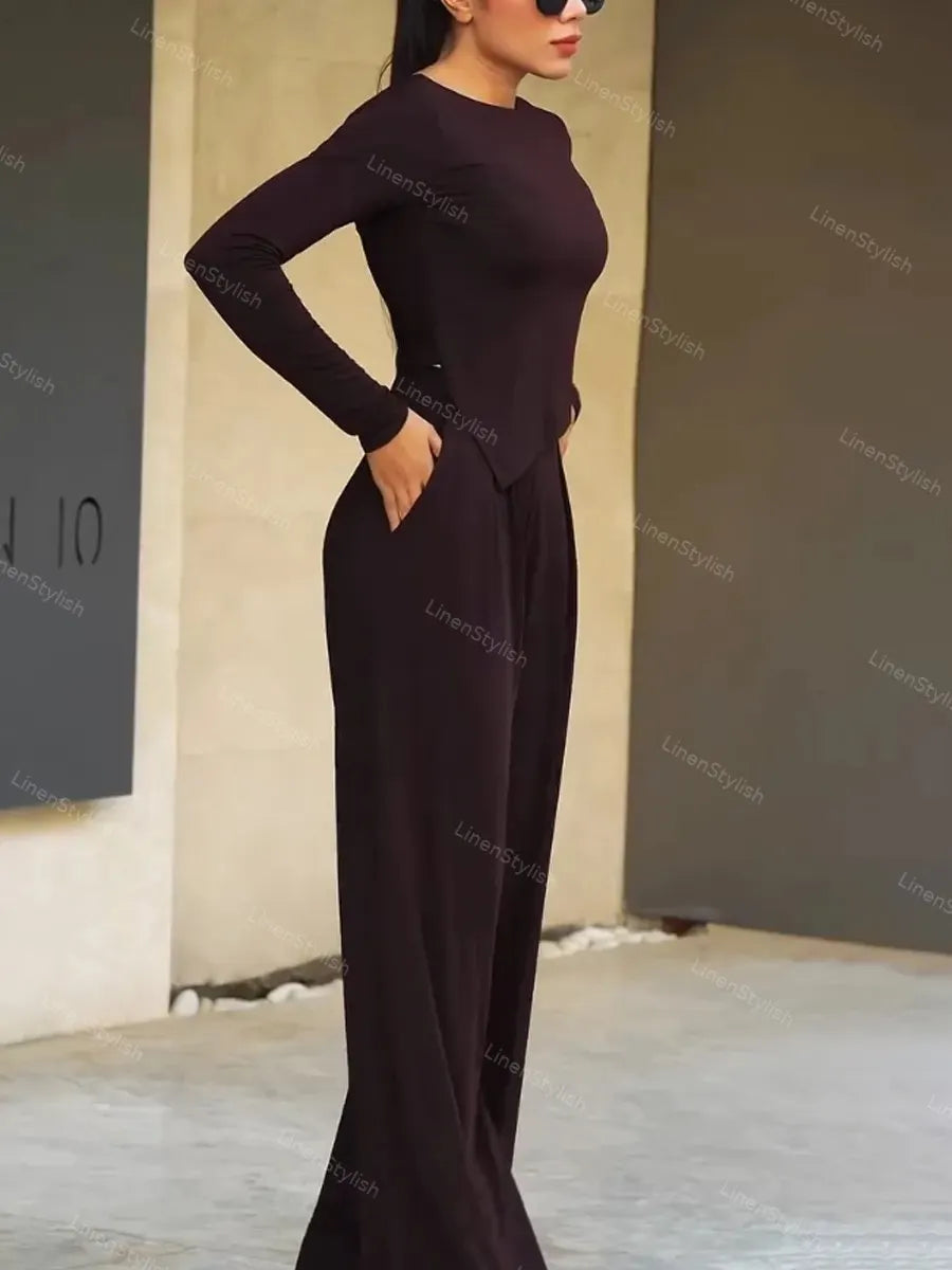 Casual Solid Color Irregular Top & Pants Two-Piece Set