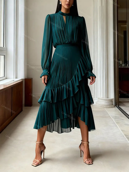 Solid Ruffle Pleated Elegant Dress