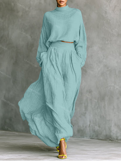 Fashion Cotton And Linen High Collar Top & Skirt Two-Piece Set