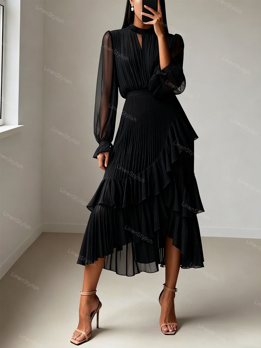 Solid Ruffle Pleated Elegant Dress
