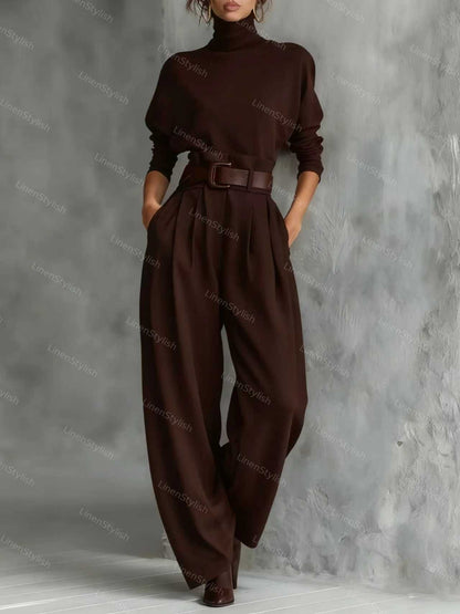High Neck Velvet Top High Waist Pants Set