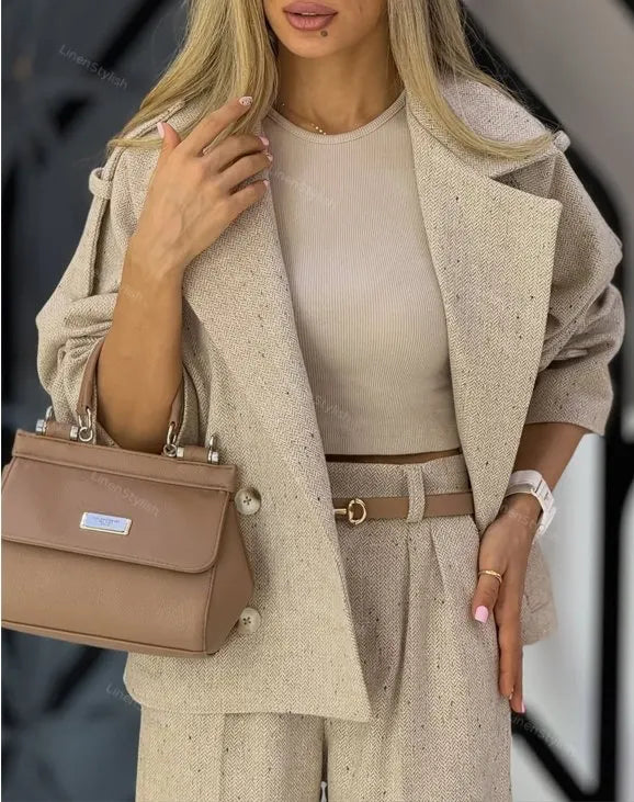 Fashion Lapel Jacket & Pants Two-Piece Set (Without Belt)