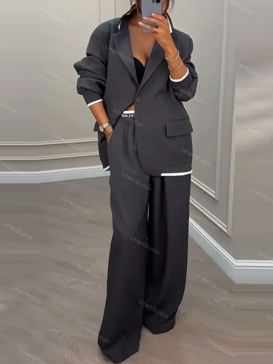 Casual Contrast Wide Leg Pants Suit