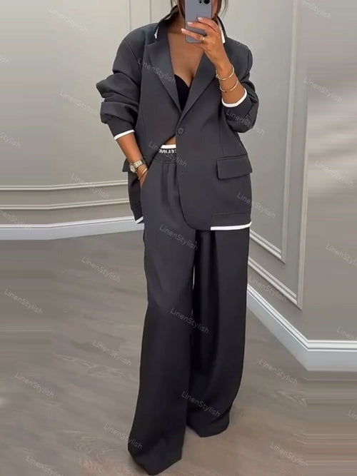 Casual Contrast Wide Leg Pants Suit
