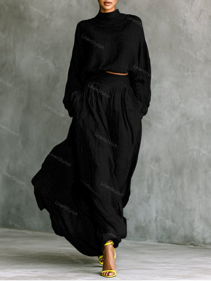 Fashion Cotton And Linen High Collar Top & Skirt Two-Piece Set